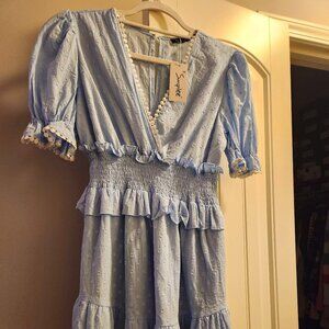 NWT - Simplee V Neck Smocked Swiss Dot Mini Dress Puff Sleeve - Blue - Size 8